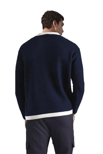 BAYAMO Mens Polo Sweater V Neck Long Sleeve Pullover Sweater Casual Knit Textured Sweater Navy M - Thumbnail 2
