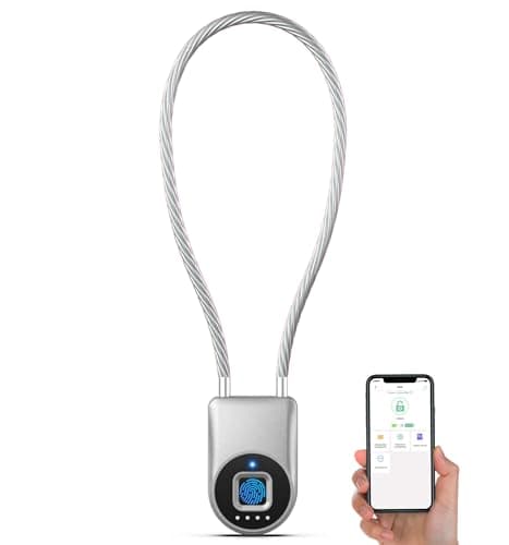 Anweller Fingerprint Cable Lock, 14" Long Shackle Small Padlock, Keyless Entry Biometric Bluetooth Smart Waterproof Combination Pad Lock for Gate Outdoor Fence Fridge Cabinet Locker Pool Bike - Silver