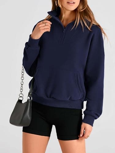 PRETTYGARDEN Womens Quarter Zip Long Sleeve Cropped Sweatshirt 2026 Fall Winter Casual V Neck Pullover Tops With Pockets(Navy,Medium) - Thumbnail 4