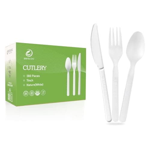 Disposable Cutlery Set [380 Pcs] BPI Certified Utensils Set with 140 Compostable Forks, 120 CPLA Spoons and 120 Disposable Knives, Eco-Friendly Compostable Cutlery for Outdoor, Party, Camping & Daily - Image 1