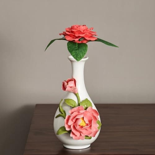 Handmade Pinched Flowers Ceramic Vase with One Ceramic Rose Flower, Home Decor Ceramic Vase for Dining Table, Living Room, Kitchen, Bedroom, Shelf, Office, Coffee Table, Restaurant & Fireplace Mantel - Thumbnail 6