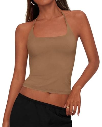 KIRUNDO Halter Tops for Women Crop Tank Going Out Tops Y2k Trendy Camisole Workout Sleeveless Backless Summer Clothes 2026(Khaki, XX-Large) - Image 1