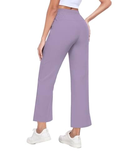 Casual Pants for Women Wide Leg Pants High Waisted Elastic Waist Drawstring Lightweight Travel Work Lounge Comfy Trousers Pants with 2 Pockets Purple L - Thumbnail 2
