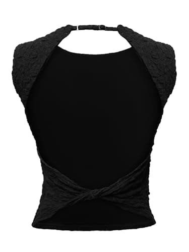 REORIA Women's Summer Sexy Open Back High Neck Sleeveless Tank Top Double Lined Y2k Lace Twist Backless Crop Tops Black XX-Large - Thumbnail 5