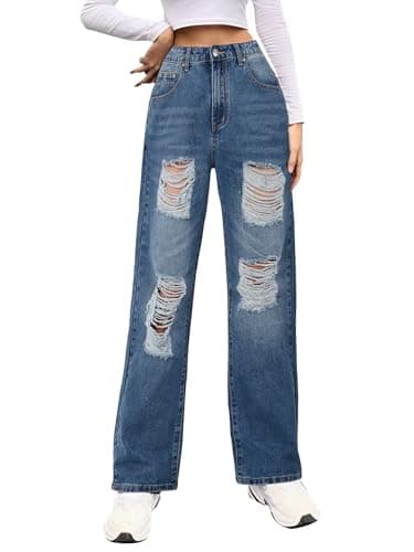 Genleck Women Loose Ripped Boyfriends Jeans High Waist Baggy Denim Pants Distressed Wide Leg Jeans Y2K（Light Blue，XL） - Image 1
