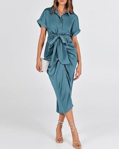 BTFBM Shirt Dresses for Women Spring Button Short Sleeve Silk Satin Ruched Maxi Summer Dress 2026 Cocktail Party Wedding(Blue Green, Small) - Thumbnail 5