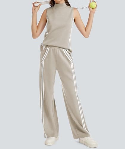 Casly Lamiit Two Piece Sets for Women Lounge Travel Outfits Casual Sweatsuit Matching Airport Clothes Sleeveless Tops Long Jogging Pants Dark Beige XL - Thumbnail 2