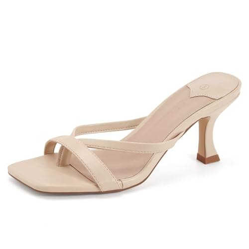 Ermonn Womens Kitten Heels Sandals Square Open Toe Thong Slides Backless Slip on Slippers Shoes - Image 1