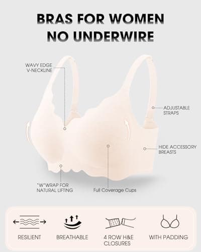 LIIJOO Wireless Seamless Scalloped Bra Full Coverage Push Up Lift No-Underwire Back-Smoothing U-Back Adjustable Straps Hook-and-Eye Breathable Stretch Pads（Blush Pink, 3XL） - Thumbnail 3
