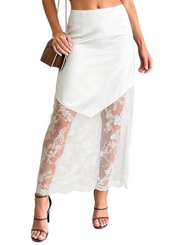 Women's 2026 Lace Patchwork Bodycon Skirt - High Waist Elegant Solid Maxi Long Skirt (US, Alpha, Small, Regular, Regular, White) - Image 1