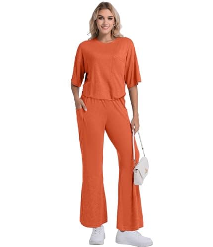YOAKUKA Women's Two Piece Lounge Sets Loose Fit Short Sleeve Tops and Wide Leg Pants Casual Matching Travel Outfits Tracksuit - Image 1