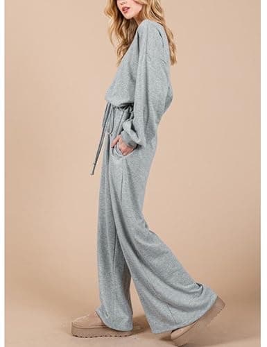 GAMISS Casual Rompers for Women Long Sleeve Lounge Jumpsuits Boat Neck Loose Fit Overalls Airport Travel Outfit Grey S - Thumbnail 4