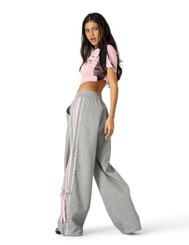 Aelfric Eden Lace Stripe Patchwork Sweatpants Casual Baggy Pant for Women Wide Leg Elastic Drawstring Trousers Grey Medium - Thumbnail 5