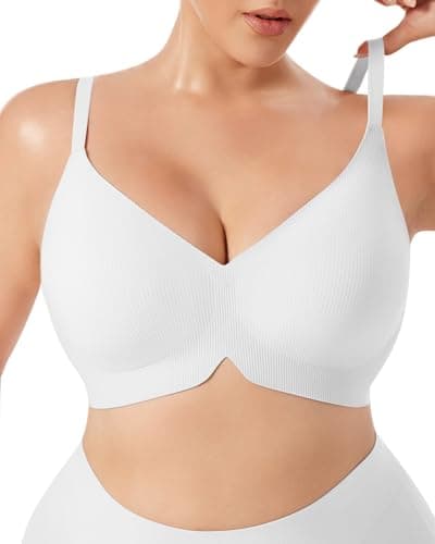 LIIJOO Wireless Seamless T-Shirt Bra for Women Ribbed Longline V Plunge Lightly Lined Cups Adjustable Straps 4-Row Hook Back-Smoothing Side Support Breathable Stretch Everyday（Ivory, 4XL） - Image 1