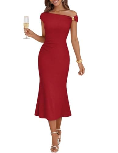 MEROKEETY Women's Summer One Shoulder Cocktail Dresses 2026 Wedding Guest Formal Elegant Party Midi Dress, Red, L - Image 1