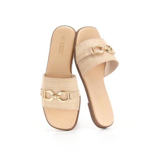 Rihero Women's Flat Sandals Comfortable Dressy Square Peep Toe Slides Slip On Beach Cute Ladies Raffia Sandals Size 8 - Thumbnail 6
