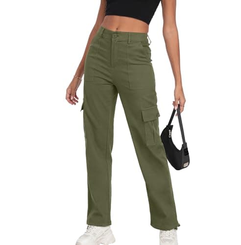 FREEOAK High-Waist Stretch Cargo Pants for Women Y2K Baggy Style with Zipper Pockets Straight Leg Trousers for Casual Wear Size Medium A - Army Green - Image 1