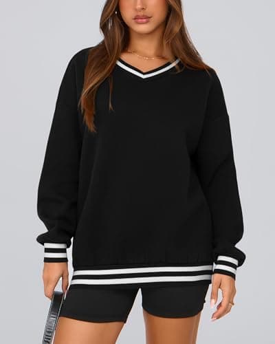 PRETTYGARDEN Women's Oversized Sweatshirts Casual Long Sleeve Stripes Knit V Neck Pullover Top Spring Preppy Clothes(Black,XX-Large) - Thumbnail 4