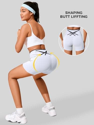 Aoysky Womens Workout Biker Shorts 5" Color Block High Waisted Yoga Athletic Shorts White - Thumbnail 4
