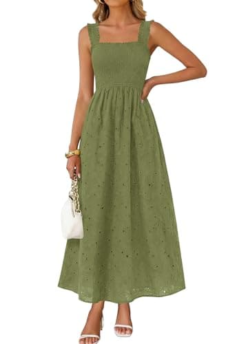 KIRUNDO Summer Lace Dress Vacation Outfits for Women 2026 Wedding Guest Dresses Maxi Beach Boho Sleeveless Cotton Sundress (Army Green, Medium) - Image 1