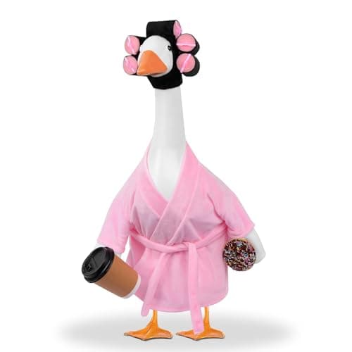 yuboo 23 Inch Pink Lady Porch Goose Outfits, Bathrobe Porch Goose Statue Costume with Cute Curlers and Coffee Cup, Funny Summer Lawn Yard Garden Patio Decor, Cute Goose Clothes Cement - Image 1