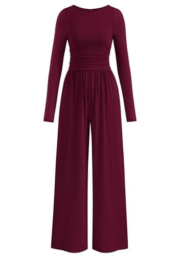 PRETTYGARDEN One Piece Jumpsuits for Women Dressy Casual Long Sleeve Crewneck Wide Leg Overalls Rompers Fall Fashion Vacation Outfits 2026 (Wine Red, L) - Image 1