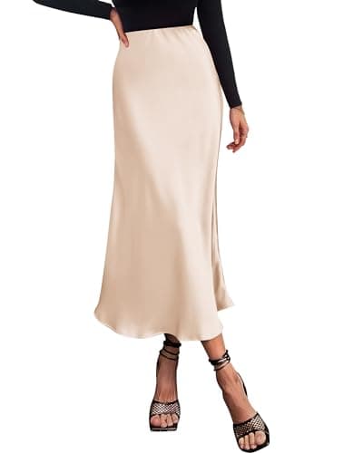 BTFBM 2026 Summer Womens Skirts Silk Elegant High Waist Flowy Long Satin A-Line Midi Skirt Cocktail Wedding Party(Beige, Medium) - Image 1