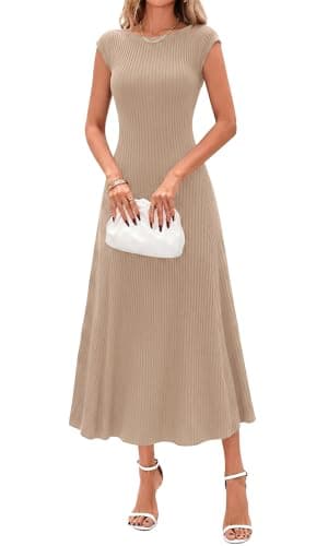 BTFBM Womens Summer Dresses 2026 Asymmetrical Neck Short Sleeve Pleated Knit Spring Sweater Midi Dress Business Casual(Khaki, X-Large) - Image 1