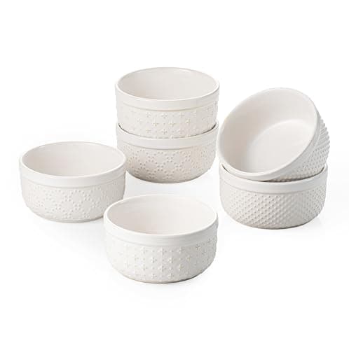 UNICASA Ramekins 6 oz, Set of 6 Ceramic Bowls with 3 Embossed Patterns, Thick Wall Oven & Dishwasher Safe for Souffles, Mini Pies, Meal Prep - Image 1