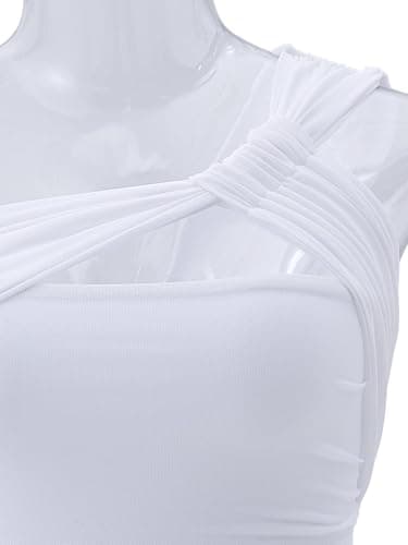 REORIA Womens Sexy One Shoulder Asymmetrical Tank Top Leopard Print Mesh Ruched Sleeveless Backless Trendy Going Out Thong Bodysuits Tops White X-Large - Thumbnail 6