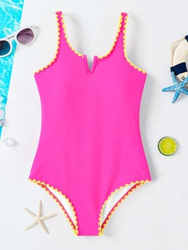 AMAWMW Girls Swimsuit One Piece Swimsuits Contrast Color V-Neck Bathing Suit Adjustable Straps Kids Swimwear Rosered 7-8Y - Thumbnail 6