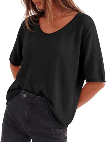BTFBM Sweaters for Women 2026 Summer Oversized Half Short Sleeve Knitted Pullover V Neck‌ Casual Loose Fit Spring Tops(Black, X-Large) - Thumbnail 5