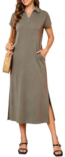 BEXIBOOM Women's V Neck Maxi Dress for Women, Cap Sleeve Collared Casual Long Dress with Pockets, Summer Beach Vacation Work Dress Khaki-S
