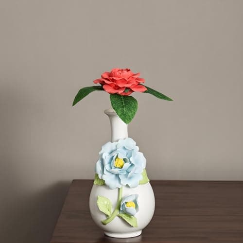 Handmade Pinched Flowers Ceramic Vase with One Ceramic Rose Flower, Home Decor Ceramic Vase for Dining Table, Living Room, Kitchen, Bedroom, Shelf, Office, Coffee Table, Restaurant & Fireplace Mantel - Thumbnail 6