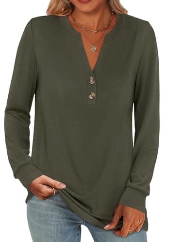ANRABESS Women's Long Sleeve Shirts 2026 Spring Fashion Dressy Casual Tops Trendy Henley Blouses Cute Work Outfits Clothes Army Green XX-Large