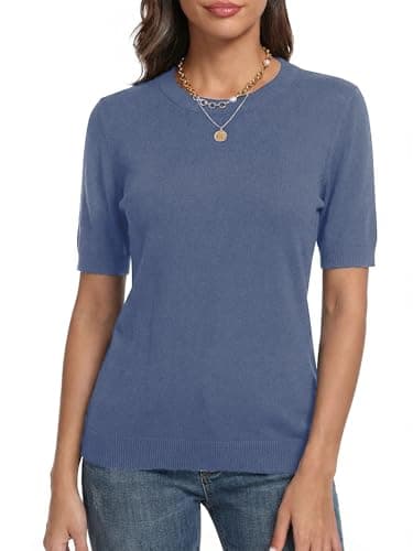 LaGracia Cashmere Sweaters for Women Crewneck Short Sleeve Basic Casual Lightweight Sweater Spring Top Haze Blue XL - Thumbnail 2