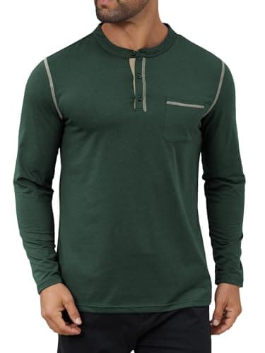Hardaddy Men's Color Contrast Henley Shirt Long Sleeve Button T-Shirt Lightweight Henley Tshirt for Men Basic Pullover Shirt with Pocket Dark Green L - Image 1