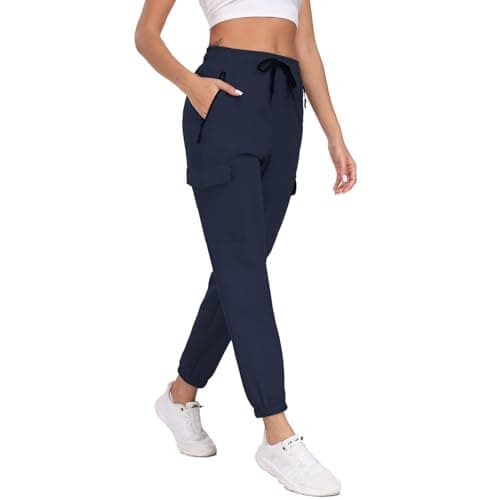 Womens Cargo Joggers with Pockets Hiking Pants Water Resistant Quick Dry Lightweight Elastic Waist Drawstring UPF 50+ Travel Casual Work Jogging Dark Blue M - Thumbnail 4