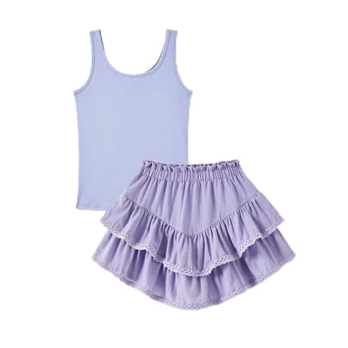 PATPAT Girls Skirt Sets Size 5-6, Purple Crop Tank Tops + Pleated Skirts with Built in Shorts 2 Piece Outfits, Tween Girls Trendy Clothes Western Outfits Streetwear - Image 1