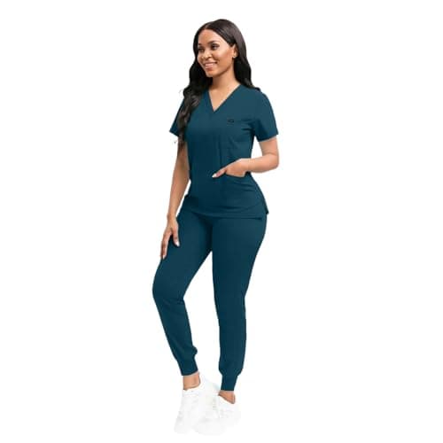 YEZEX Scrubs for Women Set, Women's V-Neck Top & Jogger Scrub Pants, Nursing Uniform Scrubs Set with 8 Pockets, for Nurse Esthetician Workwear (Caribbean Blue) - Thumbnail 2