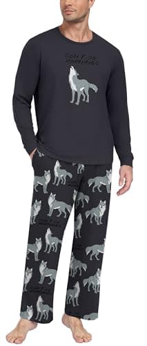 PrinStory Men's Pajamas Sets Loungewear Sleepwear Long Sleeve Shirts & Bottoms Soft Comfy Lounge Sets Printed Dark Gray Wolf L - Image 1