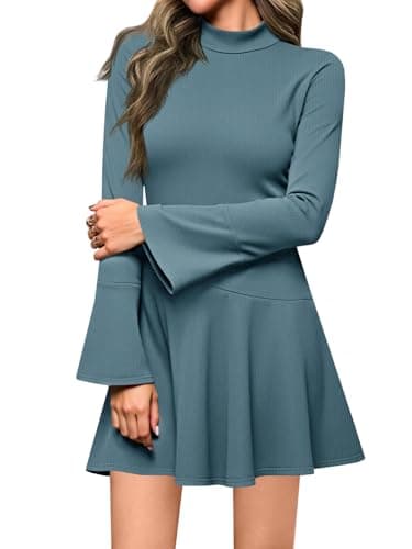 Wenrine Womens Bell Long Sleeve Ribbed Knit Dress Casual Mock Neck Drop Waist Slim Fit Fall Mini Dresses