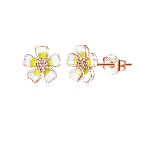 Reffeer Solid 925 Sterling Silver Plumeria Flower Stud Earrings for Women Teens Flower Stud Earrings Spring (C-Rose Gold) - Image 1