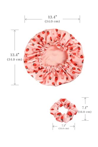 Vettres Silk Hair Bonnet for Sleeping with Scrunchie Adjustable Sleep Bonnets Double Layer Satin Sleep Cap for Curly Hair Strawberries - Thumbnail 6