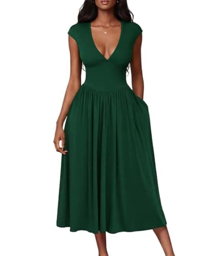 ABKY Womens Midi Dresses Deep V Neck Cap Sleeve Back- Tie A-Line Swing Dress with Pocket Party Foraml Date Night Prom Outfits Green 2XL - Image 1
