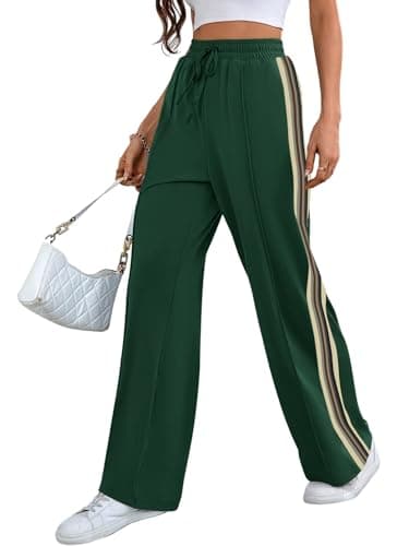 Bellcoco Wide Leg Sweatpants Women High Waisted Baggy Sweat Pants Active Striped Track Pants with Pockets C Green - Image 1