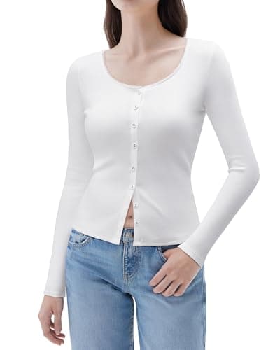 SUUKSESS Women Cotton Ribbed Long Sleeve Tops Button Down Crew Neck Lace Line Going Out Fitted Shirts (White, S)