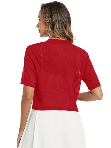 Heymoments Women's Thin Shrugs for Dresses Red Large Open Front Short Sleeve Lightweight Coat Cropped Tops Shawls and Wraps Cardigan Dressy Clothes - Thumbnail 5