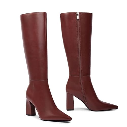 Meolee Knee High Boots for Women Chunky High Heel Long Boots Pointed Toe Leather Boots with Side Zipper - Thumbnail 6