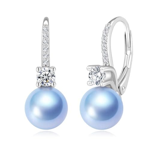 BAMIKI Blue Pearl Drop Dangle Earrings 925 Sterling Silver Cubic Zirconia Leverback Earrings, 8MM Round Saltwater Cultured Pearls Jewelry Gifts for Women Wife Mother - Image 1